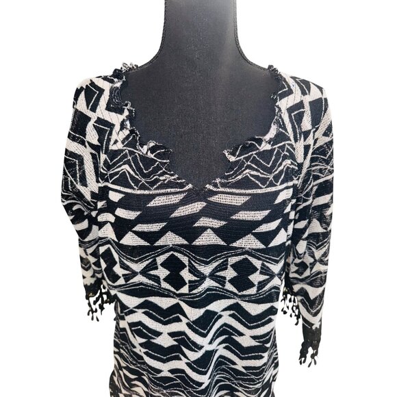 Ali Miles Black White Geometric Semi Sheer Knit Top Tassel Trim S Resort Coverup - Picture 4 of 10